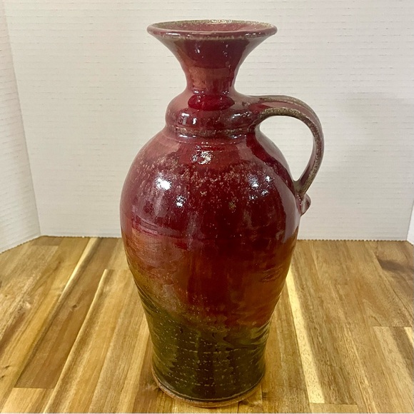 Hand Crafted Signed Pottery Pitcher Vase Red Glossy Glaze Curved Handle 11” Tall - Picture 2 of 8